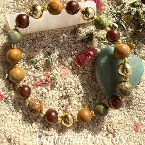 Gold brown jasper and  green unakite Beaded Bracelet